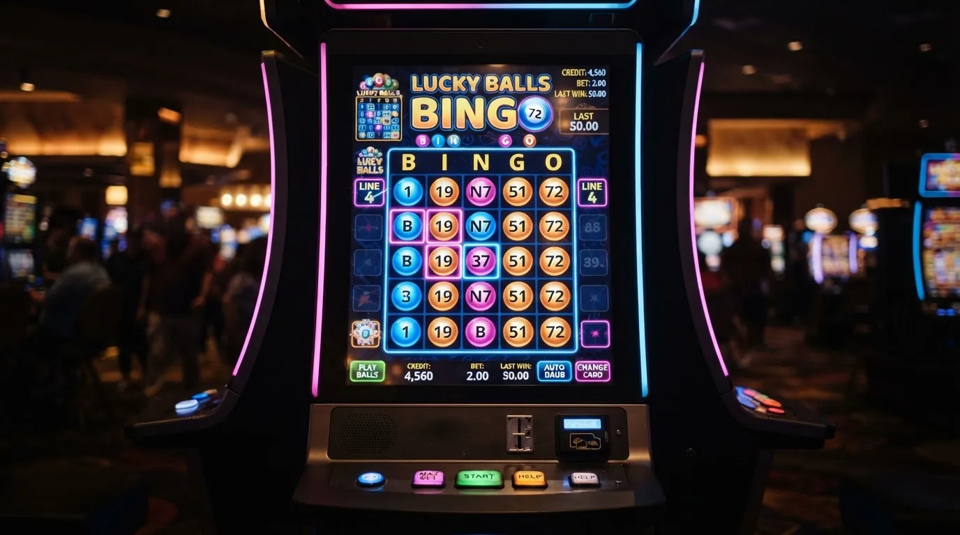 Ekran automatu do gry z kolorową planszą w stylu bingo i podświetlonymi liczbami