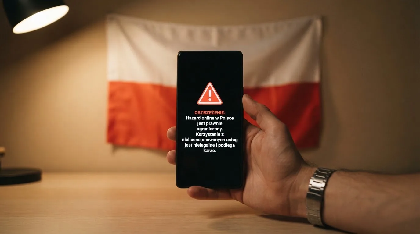 Dłoń trzymająca telefon z widocznym komunikatem ostrzegawczym o legalności hazardu online na tle biało-czerwonej flagi Polski.
