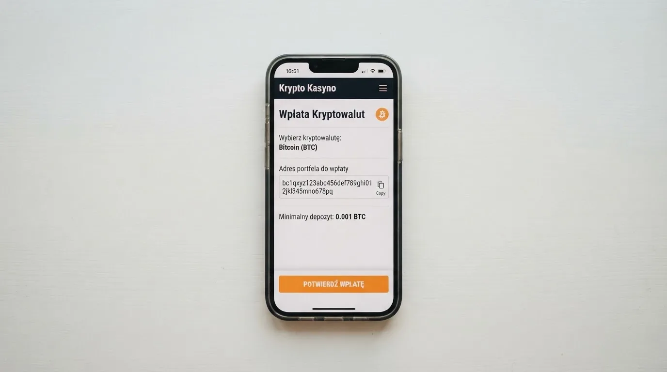 Zbliżenie na formularz wpłaty w kasynie online z polem na adres portfela kryptowalutowego BNB Smart Chain.