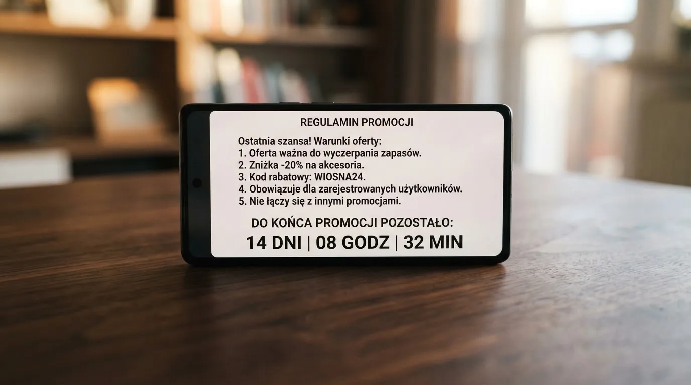 Zbliżenie na telefon z listą warunków promocji i licznikiem odliczającym dni do końca oferty