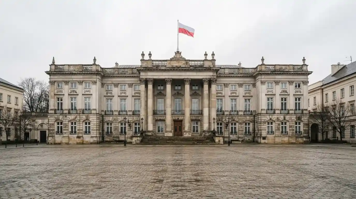 Fasada budynku instytucji państwowej z flagą Polski, symbol nadzoru regulatora nad rynkiem gier hazardowych