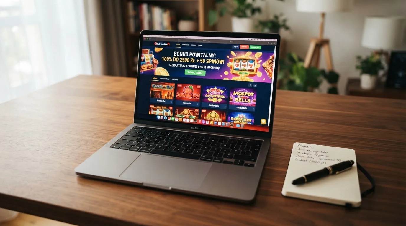 Widok z góry na laptop z otwartą tabelą porównawczą ofert powitalnych kilku serwisów kasynowych