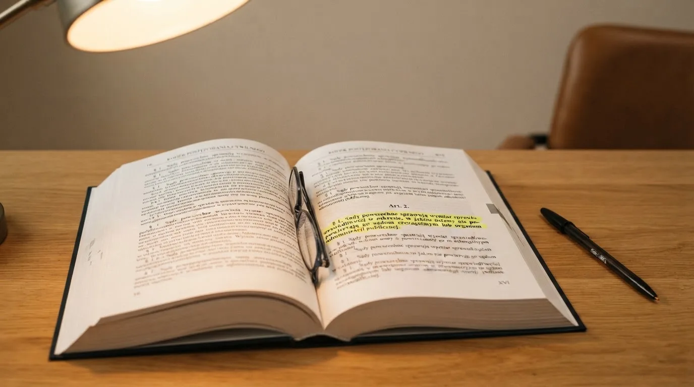 Otwarty egzemplarz ustawy na biurku, obok okulary i zakreślacz przy wyróżnionym artykule