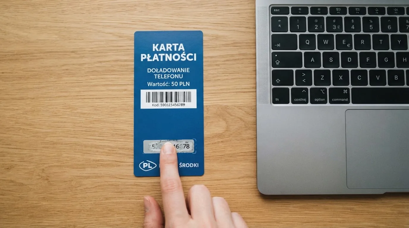 Karta przedpłacona Paysafecard z zasłoniętym polem kodu PIN obok klawiatury laptopa