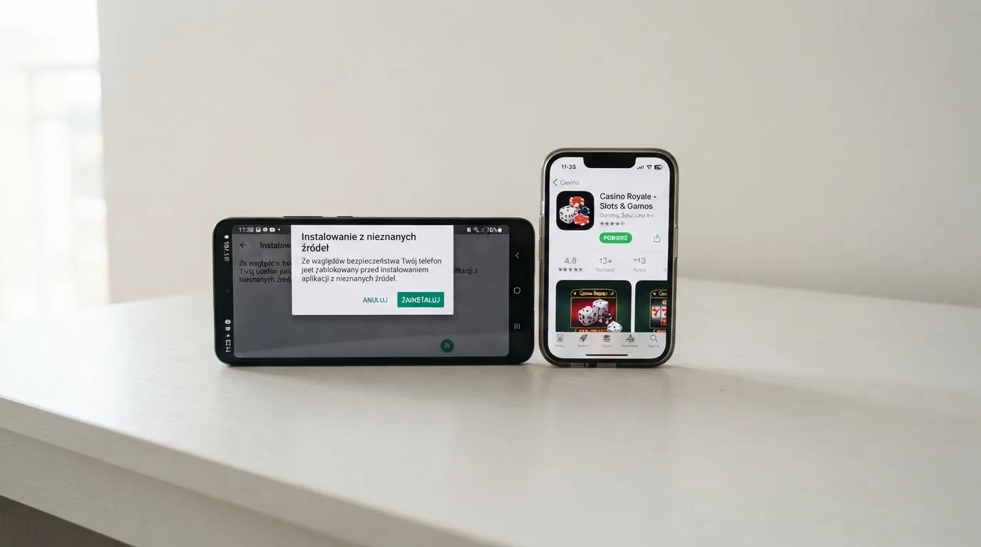 Dwa telefony obok siebie: na jednym komunikat zgody na instalację pliku APK z nieznanego źródła, na drugim strona aplikacji w sklepie z przyciskiem pobierania
