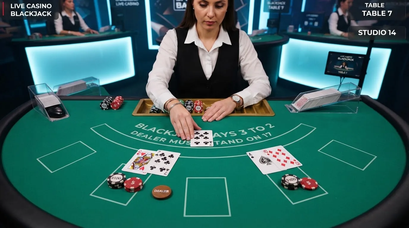 Krupier rozdający karty przy stole blackjacka podczas transmisji na żywo