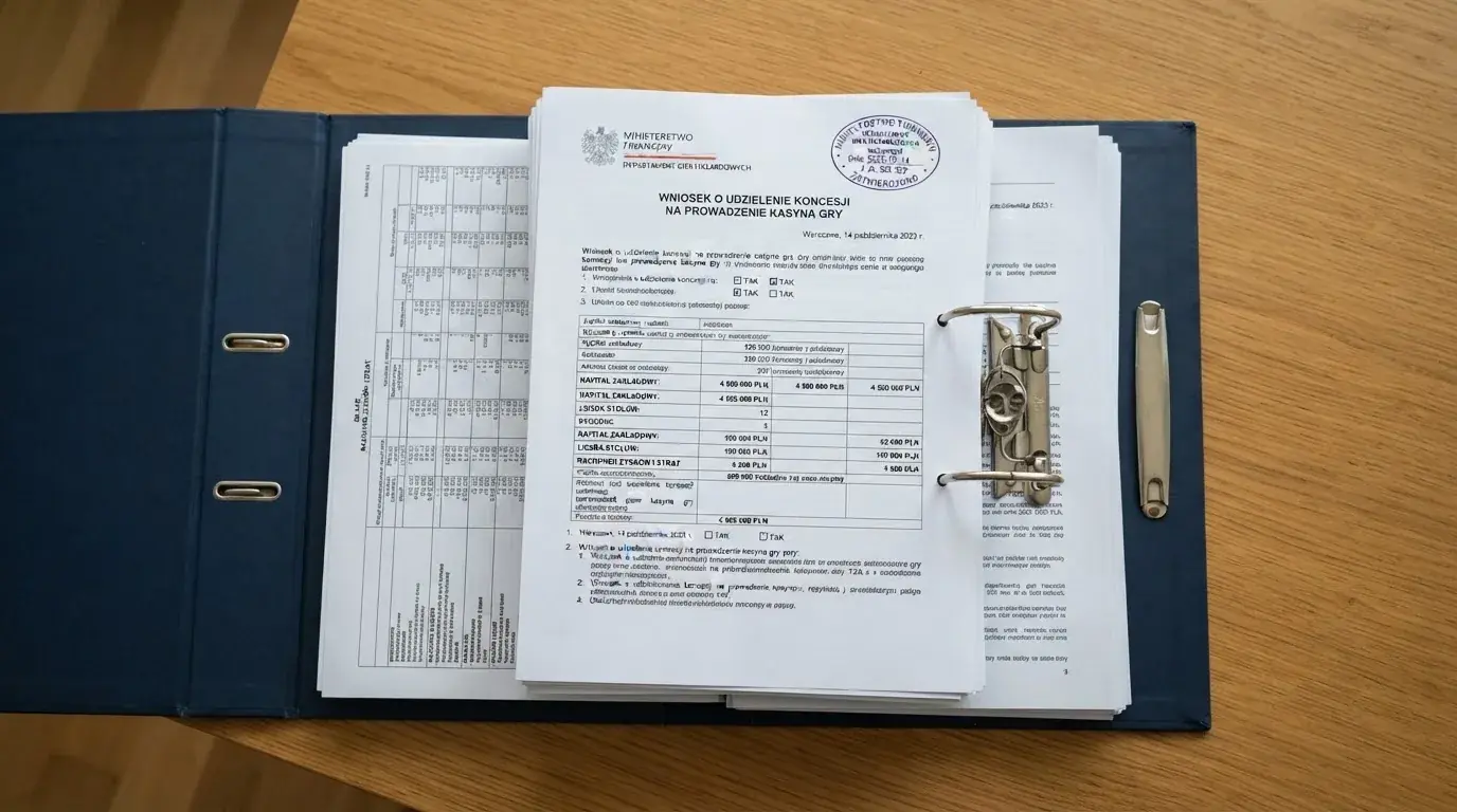 Segregator z wnioskiem o koncesję na kasyno gry, wydrukiem sprawozdania finansowego i urzędową pieczątką leżący na biurku