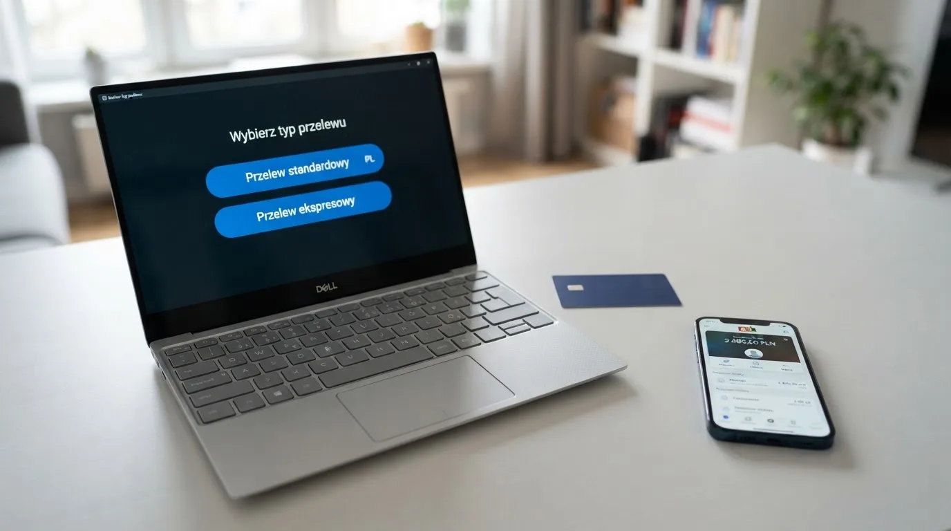 Ekran aplikacji bankowej z wyborem rodzaju przelewu, obok karta płatnicza i telefon z otwartym e-portfelem bez logotypów