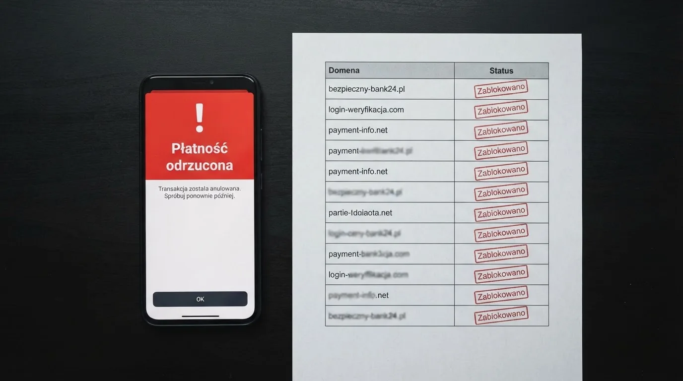 Telefon z komunikatem o odrzuconej płatności na ekranie, obok wydruk tabeli z listą zablokowanych adresów stron