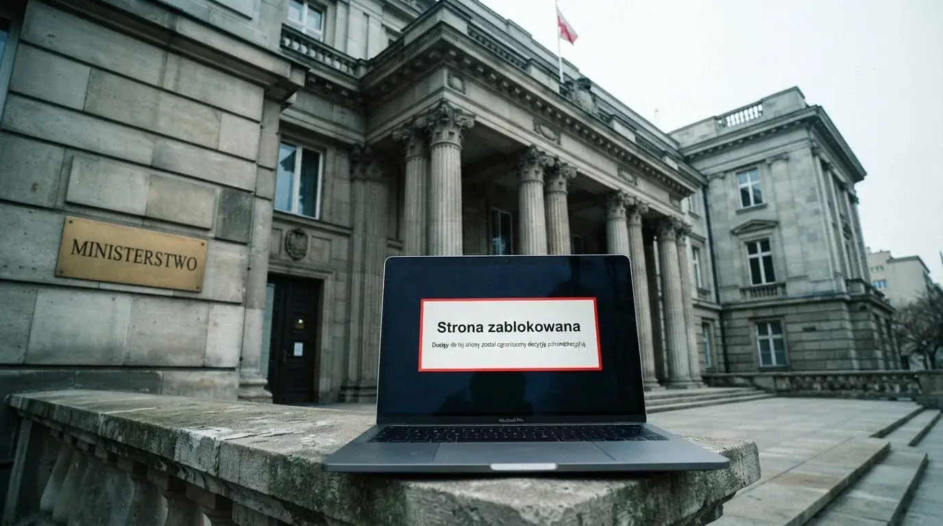 Budynek urzędu z tablicą ministerstwa, na pierwszym planie laptop z komunikatem o zablokowanej stronie kasyna