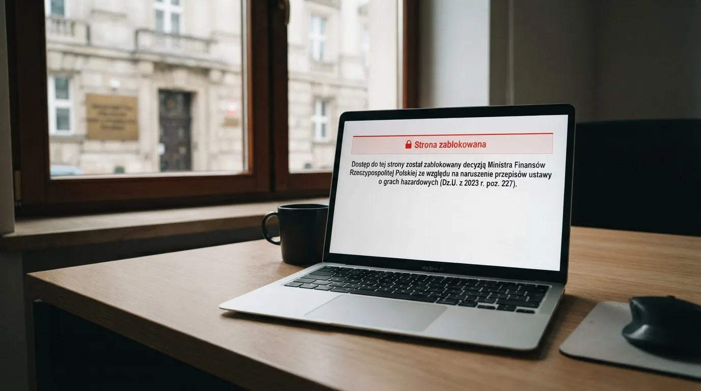 Laptop z komunikatem o zablokowanej stronie hazardowej, w tle budynek urzędu z tablicą ministerstwa