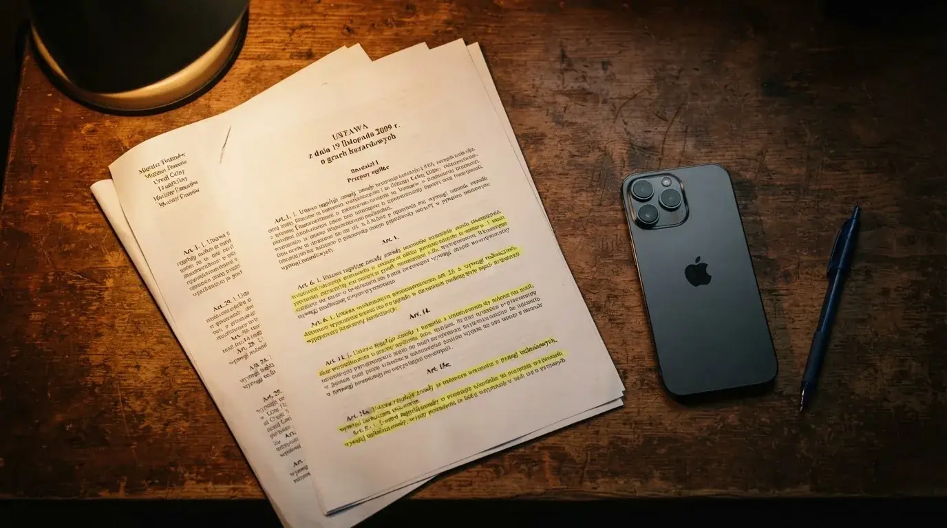 Wydruk ustawy o grach hazardowych z zakreślonymi artykułami leżący na biurku obok wyłączonego smartfona