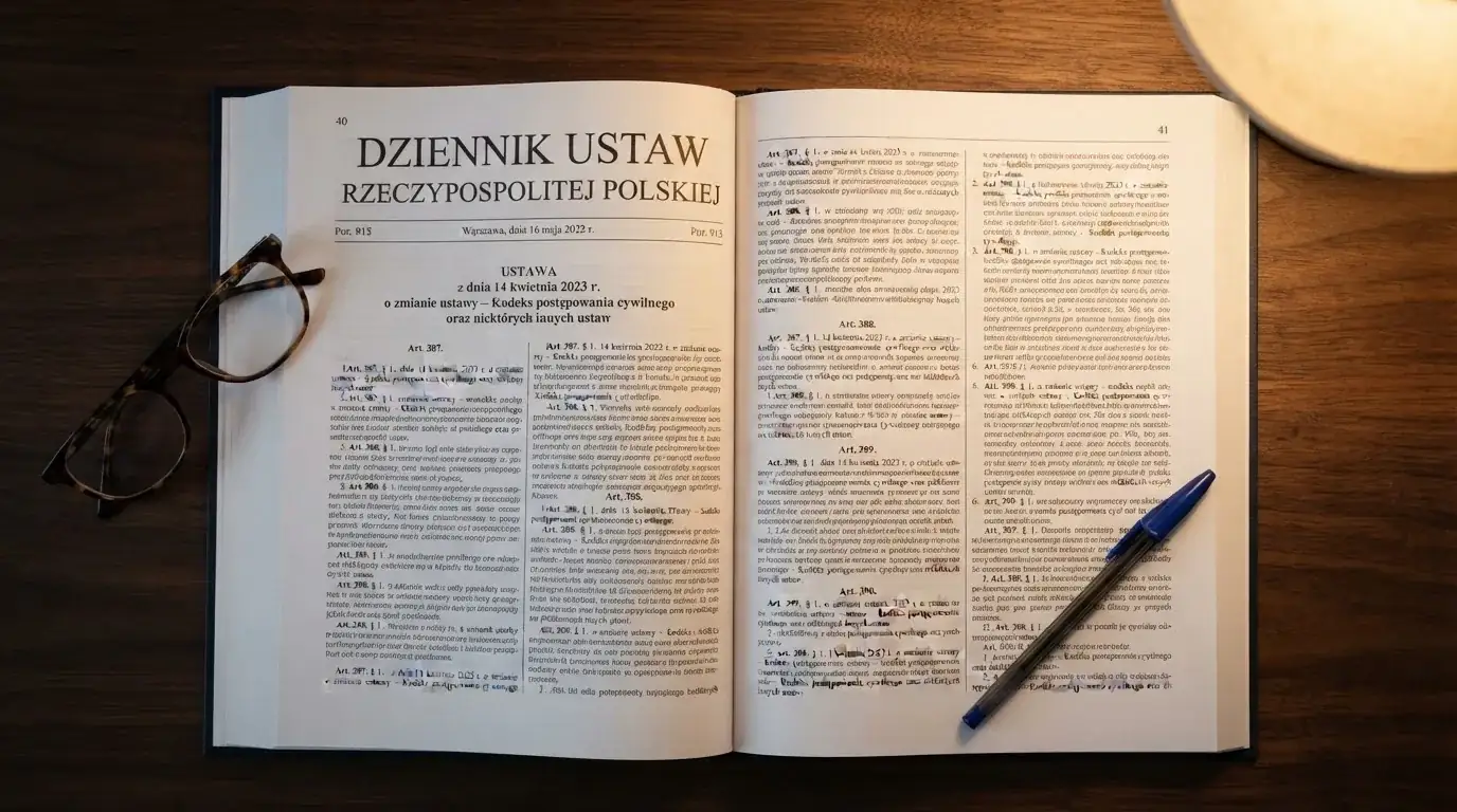 Wydrukowany tekst ustawy o grach hazardowych otwarty na artykule 5, obok okularów i długopisu na biurku
