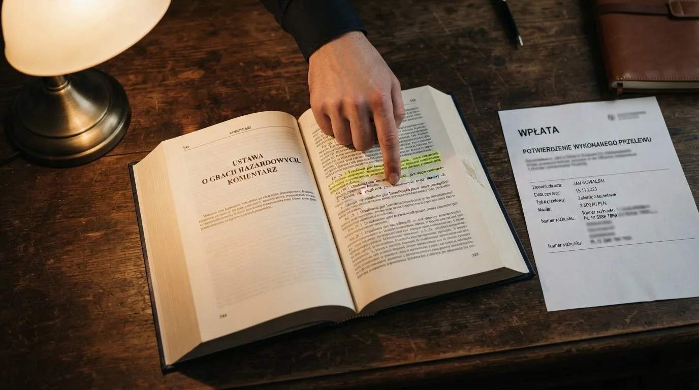 Otwarty tekst ustawy o grach hazardowych z zakreślonym artykułem, obok wydruku potwierdzenia przelewu wygranej