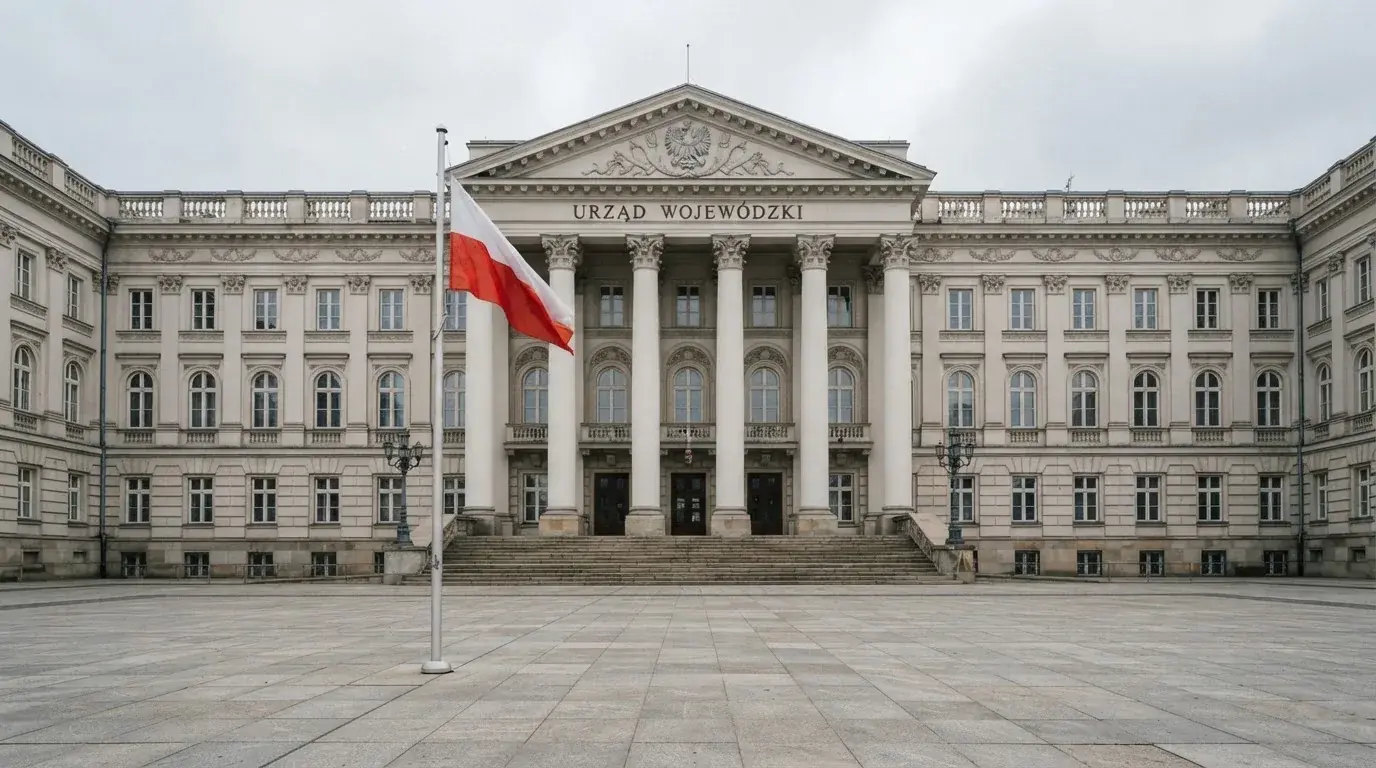 Budynek urzędu administracji państwowej z flagą Polski na maszcie w tle