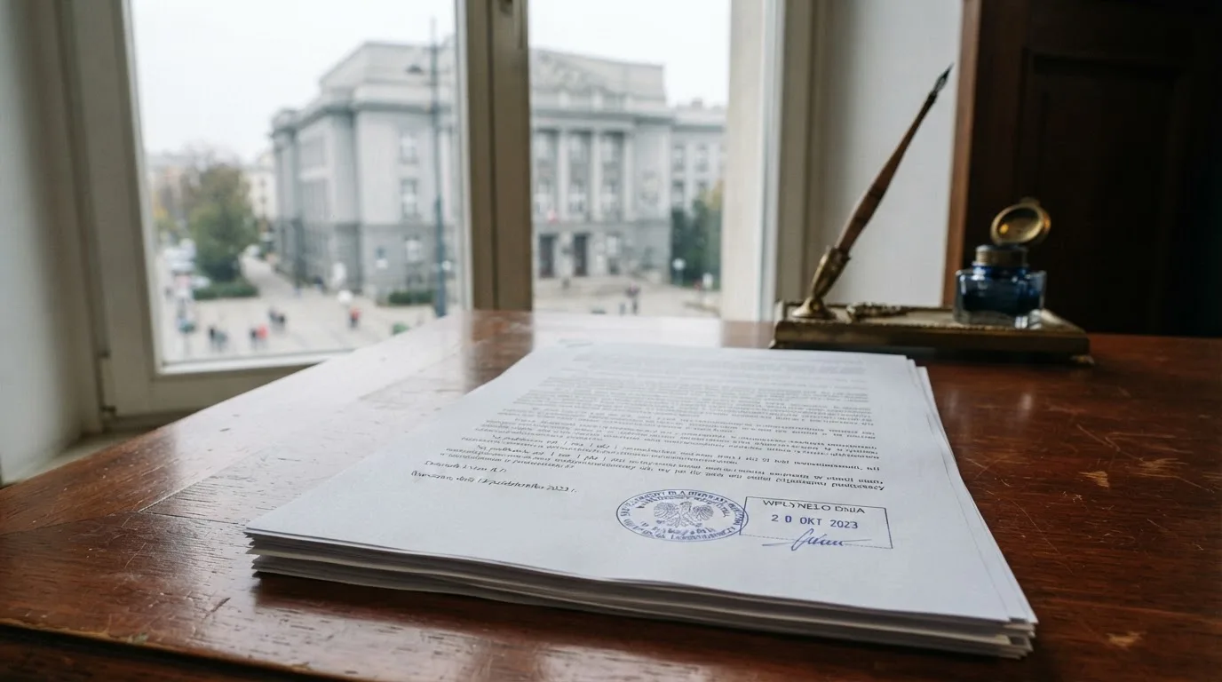 Stos dokumentów urzędowych i pieczęć na biurku, w tle sylwetka budynku administracji publicznej