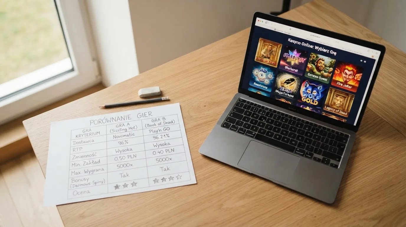 Kartka z odręcznie narysowaną tabelą porównawczą leżąca obok laptopa z lobby gier