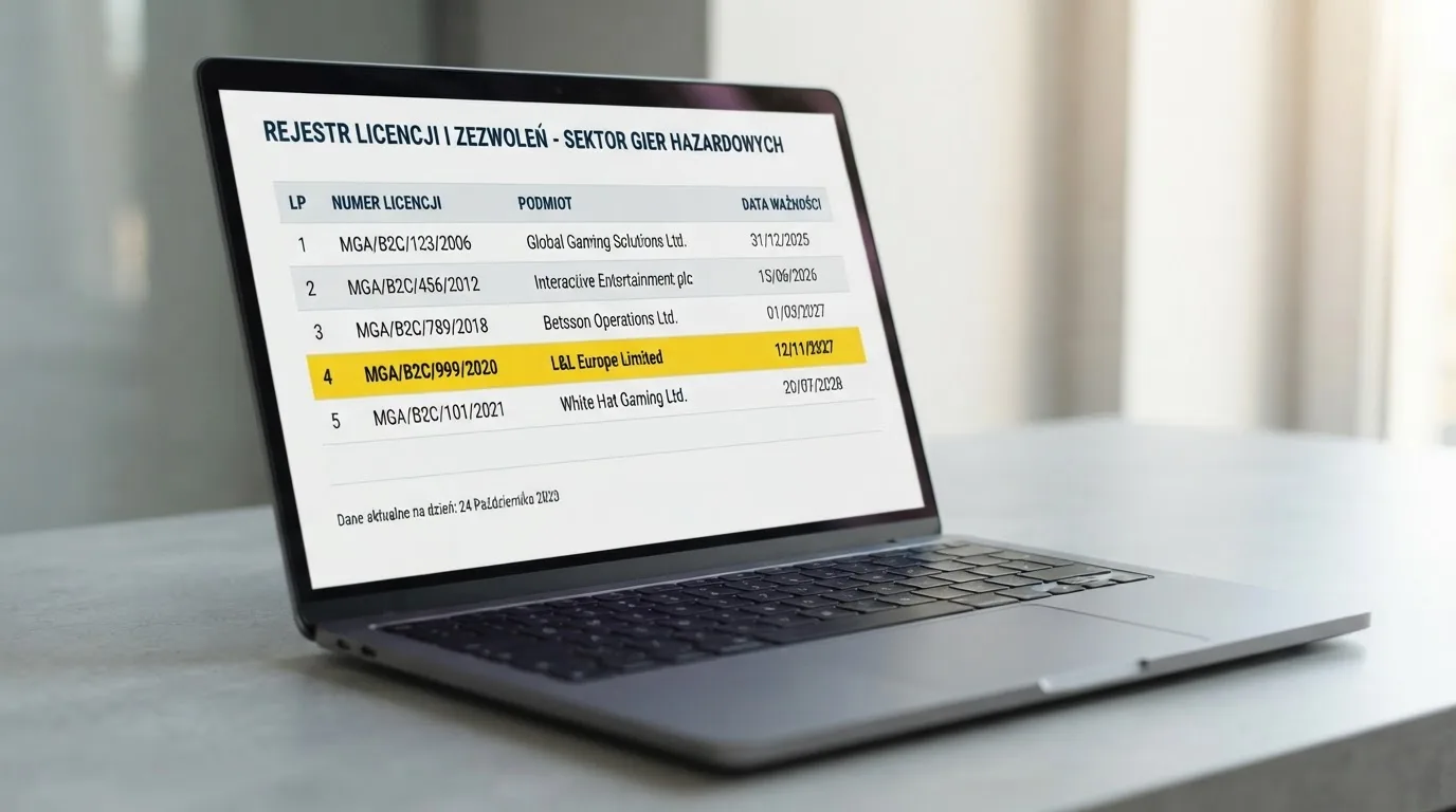 Ekran laptopa z otwartym rejestrem licencji regulatora z Curaçao, w którym jeden wiersz zaznaczono żółtym podświetleniem