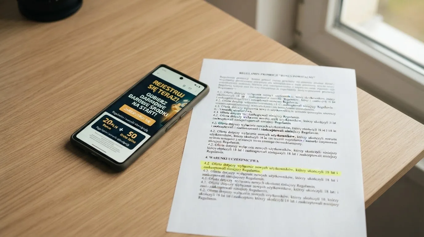 Telefon z banerem obiecującym darmowe złotówki za założenie konta, obok wydrukowany tekst ustawy o grach hazardowych z zaznaczonym artykułem