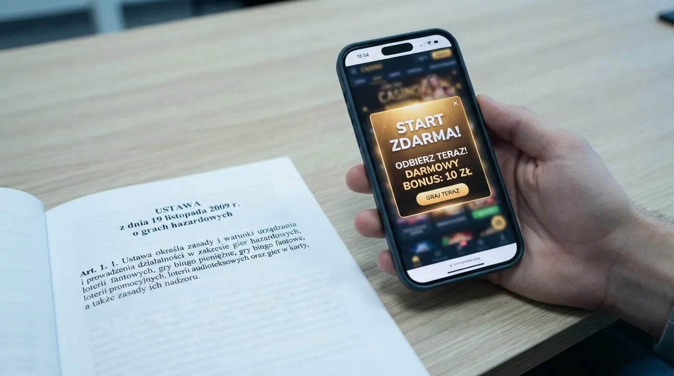 Telefon z wyskakującym banerem obiecującym darmowe złotówki za rejestrację, obok wydruk ustawy o grach hazardowych