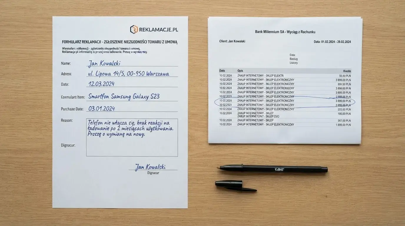 Wydrukowany formularz reklamacji leżący na biurku obok długopisu i wyciągu bankowego z zakreśloną pozycją