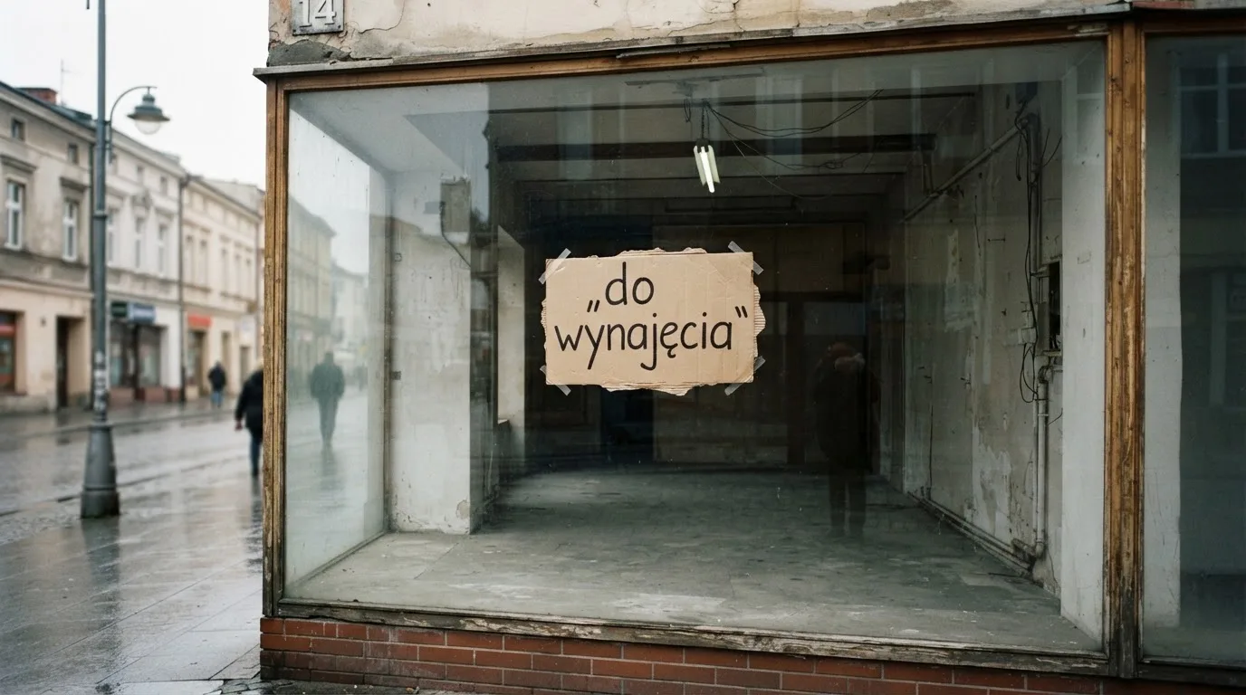 Pusty, zamknięty lokal handlowy z tabliczką „do wynajęcia”, symbolizujący brak działających salonów gry bingo pieniężne