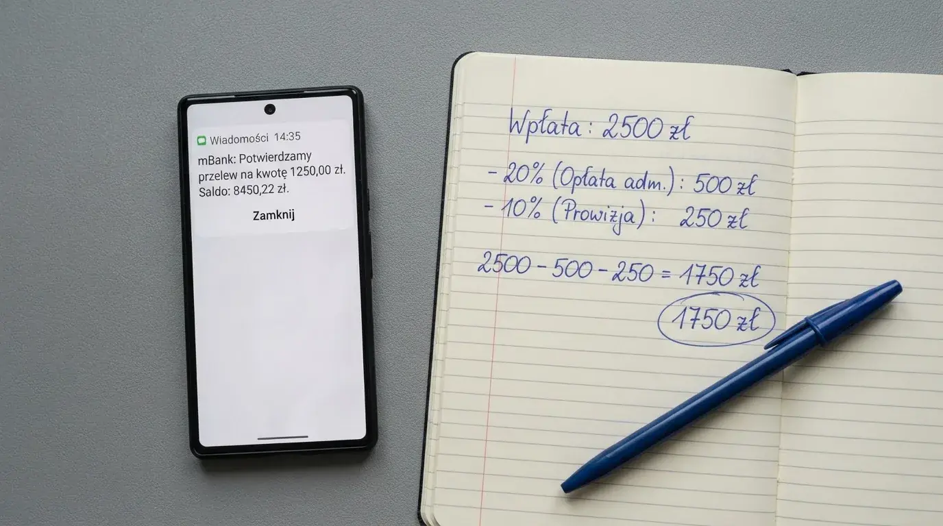 Ekran telefonu z wiadomością SMS obok kalkulatora liczącego opłaty